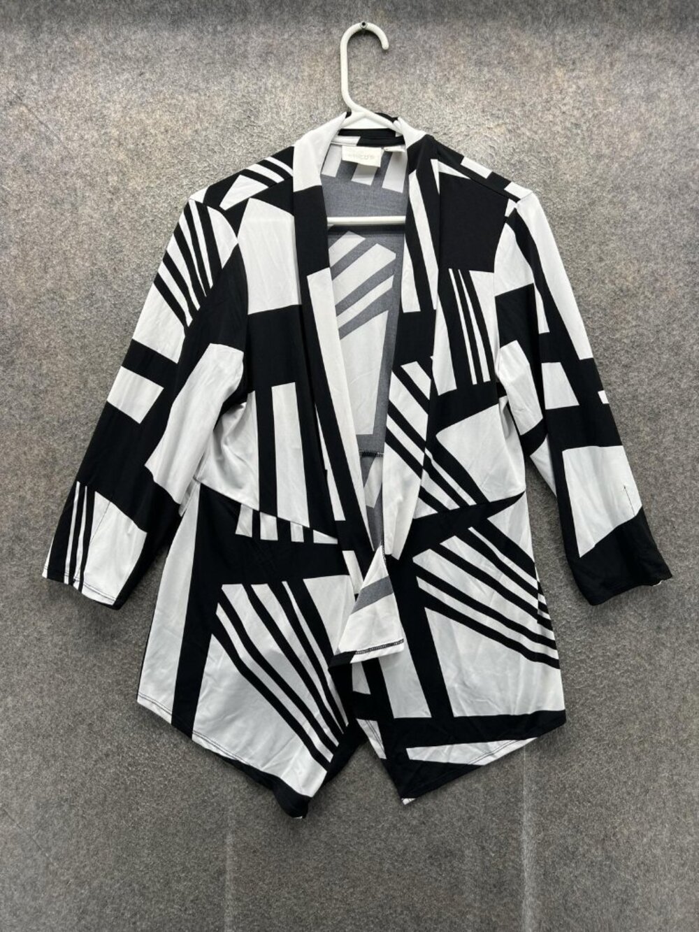 Chico's Jacket Womens 1 Black White Open Front Geometric 3/4 Sleeve Lightweight